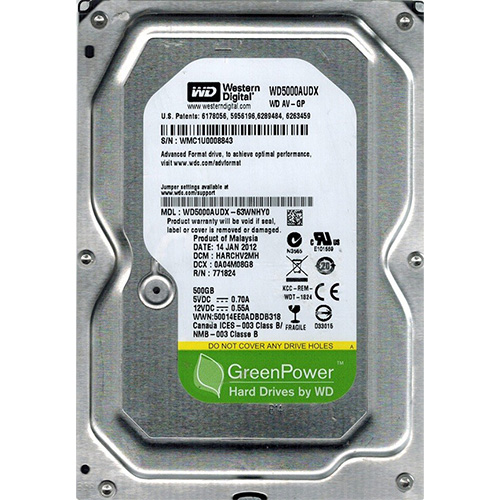 W.D 3.5 500 GB 32 MB INTELLIPOWER SATA PC HDD WD5000AUDX 7/24