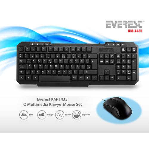 13884 EVEREST KM-1435 Q KABLOLU USB SİYAH MULTIMEDYA KLAVYE MOUSE SET