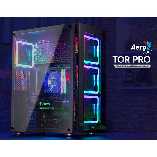 AEROCOOL AE-TOR-PRO POWER SUPPLY YOK ATX KASA TEMPERED GLASS 4 X RGB ADRESLENEBİLİR FAN